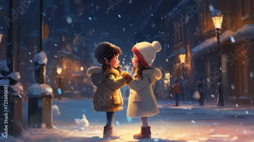 Cartoon illustration of two little girls playing in the snow outdoors under park lights