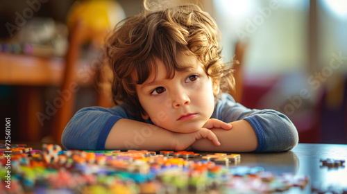 A brooding lonely boy is sitting at a desk with a mountain of pieces of colored puzzles. Behavior of children with autism syndrome