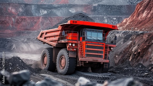Red mining dump truck loaded with coal against an open-pit backdrop