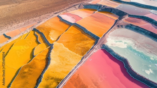 Vibrant evaporation ponds from lithium mining, seen from above
