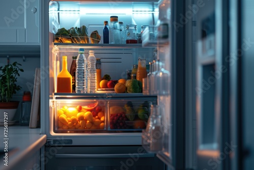 A refrigerator filled with a variety of food and drinks. Perfect for showcasing a fully stocked kitchen. Can be used for food and beverage advertisements or home interior designs