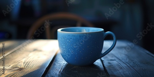 A blue coffee cup sitting on top of a wooden table. Perfect for coffee lovers and cafe scenes