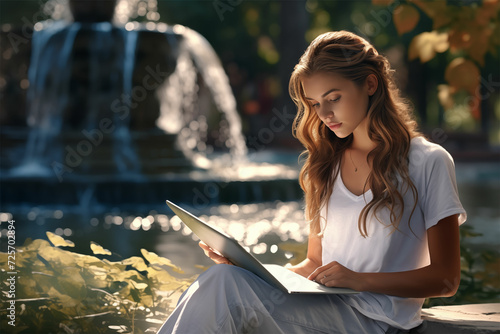 Animated serenity: A student girl immersed in outdoor studies by a fountain, 32k UHD, in the English major's optical learning ambiance.