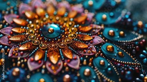 A detailed close-up view of a beaded brooch placed on a table. Perfect for fashion or jewelry-related projects