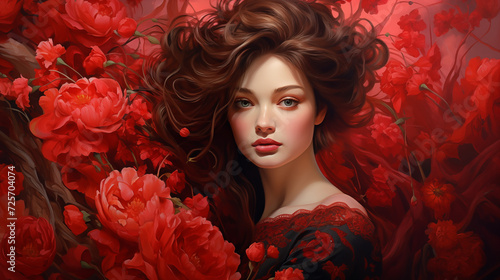 Przepiękna twarz kobiety. Romantyczny portret damy wśród kwiatów. Rozwiane brązowe włosy. Emocje - zaduma i zamyślenie. 