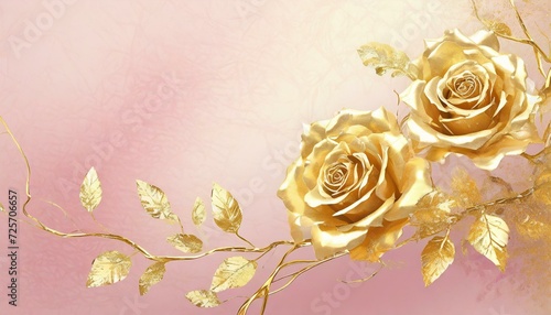 Złote róże tworzące ornament na różowym tle