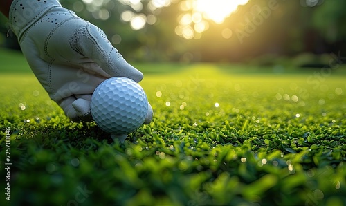 Close-up of a golfer's hand in a glove placing a golf ball on a tee on a dewy morning, with the sun rising over the course.