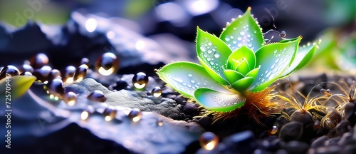 Closeup macro shot baby plants, morning dew on beautiful tiny sprouting shoots