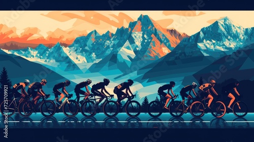 Group of long-distance cycling athletes Geometry in vector on road and mountain background --ar 16:9 --v 6 Job ID: a63f66fe-66c5-4434-ba11-111502ac9c49