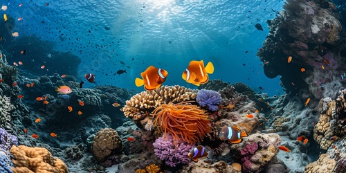 Vibrant underwater seascape with colorful coral and fish. marine life ecosystem captured in a wide-angle view. nature's underwater beauty in a snapshot. serene ocean scene AI