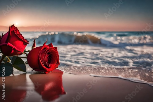 Waves with a red rose on the beach