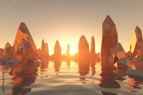 Icebergs on the lake at sunset
