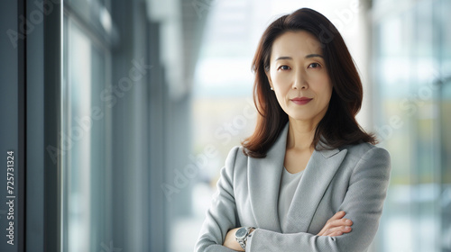 Diverse Middle-Aged Korean Businesswoman Portraying Confidence and Leadership in a Bright Office Environment