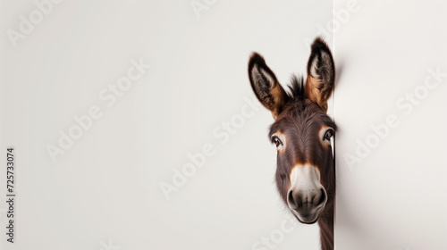 Donkey peeking into the frame from the right on a white background