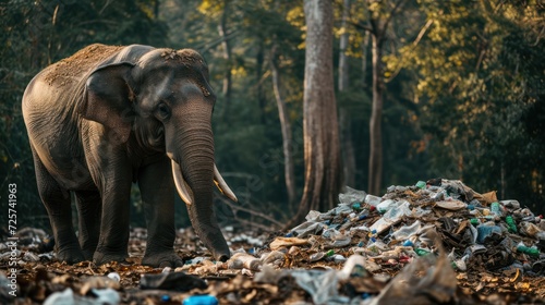 elephant walks near a pile of garbage in the forest.