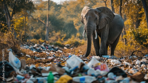 An elephant walks near a pile of garbage in the forest. Garbage and the environment and wildlife