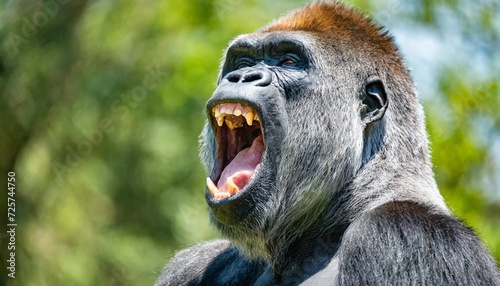 silverback adult male of a gorilla face a gorilla appears to be angry mouth open yawning