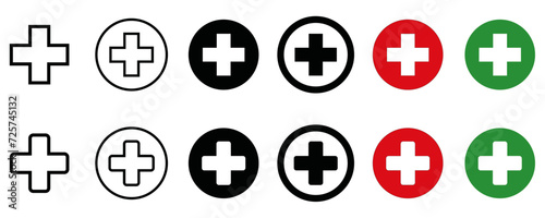 Health care red cross sign set. First aid vector isolated icons. Medicine health hospital signs collection. Emergency medicine symbols concept.