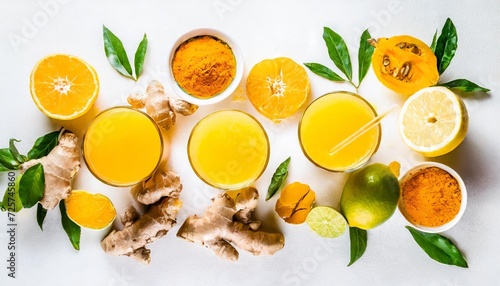 immune boosting natural vitamin health defending drink flat lay of fresh turmeric ginger and citrus juice shots over white background top view wide composition vegan immunity system booster