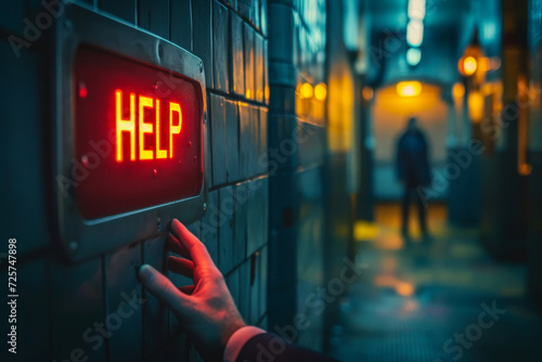 Hand of man with a neon help sign in a corridor. Asking for help, need assistance, psychology mental health concept