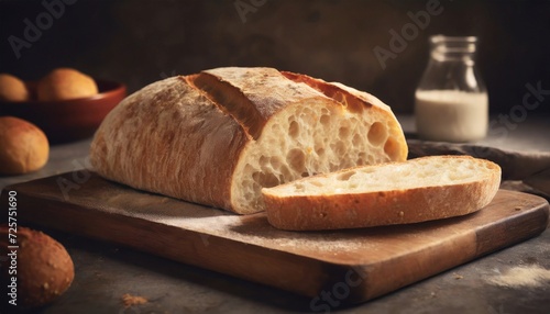 Fresh ciabatta bread sliced on wooden board. Delicious Italian bakery