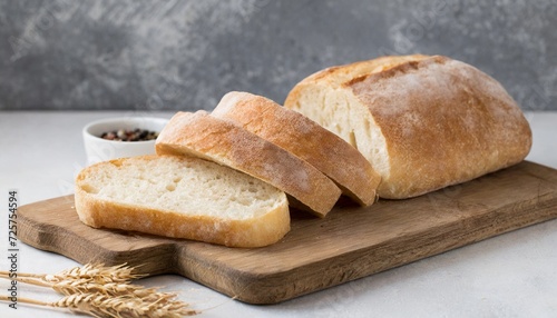 Fresh ciabatta bread sliced on wooden board. Kitchen table. Delicious Italian bakery