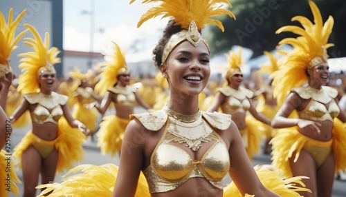 A dazzling woman in a yellow Brazillian carnival costume, flaunting gold feathers. She's all set to steal the spotlight! 