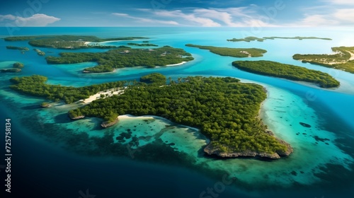 A bird's-eye view capturing the tropical beauty of an archipelago, with lush green islands surrounded by clear turquoise waters