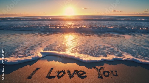Serene beach scene at dawn with "I Love You" written in the sand, positioned lower in the frame. 