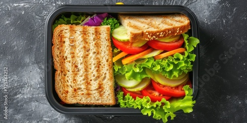 A lunch box containing a delicious sandwich and fresh vegetables. Perfect for a healthy and satisfying meal on the go