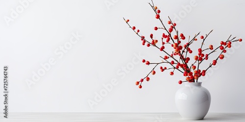 Vase filled with small red apple branches on a light background. Interior decoration.