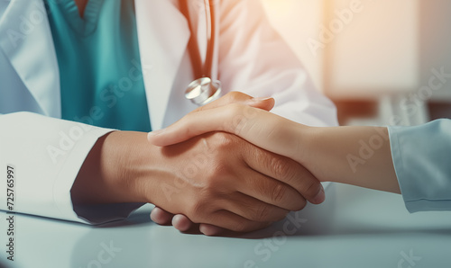 Close-up of doctor hand giving handshake to patient after consultation in cabinet