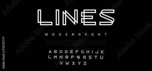 Glowing Double line monogram alphabet and tech fonts. Lines font regular uppercase and lowercase. Vector illustration.