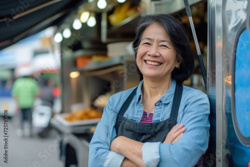 Cheerful Asian Woman Embracing Success by Food Truck