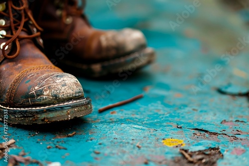 a pair of dirty boots on a blue surface