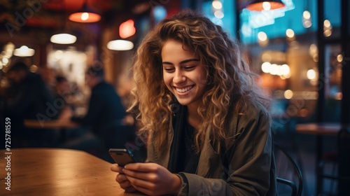 a smiling young woman is smiling and is holding her cell phone, in the style of rationalist chic