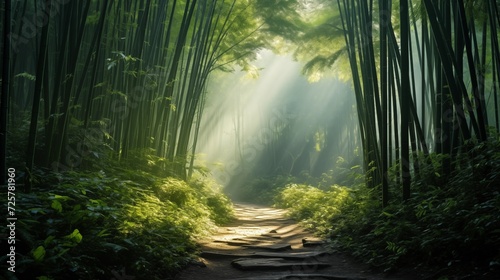 Enchanting scenes of a sunlit bamboo forest path with mystical fog, creating an ethereal and serene atmosphere within the lush greenery