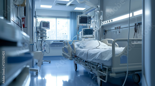 recovery ICU intensive care unit room ward with life support at hospital medical care emergency, biometrics and urgent monitoring of patient health care service banner with copy space
