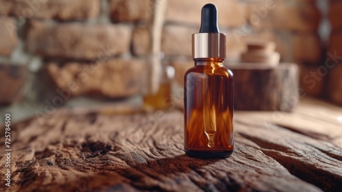 A bottle of essential oil sitting on a wooden table. Can be used for aromatherapy or natural skincare products