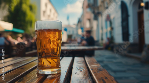 Una cerveza con espuma sobre una mesa de madera en una terraza de una calle 