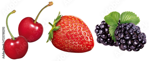 composição com cereja, morango vermelho e amora isolado em fundo transparente - frutas vermelhas - fruta silvestre