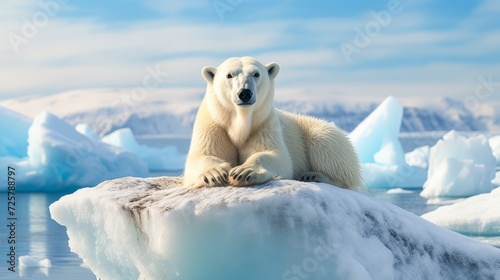 A beautiful white polar bear on a snow floe near the water in the Arctic against the background of the blue sky on a sunny day. Winter, Wildlife and animal concepts.