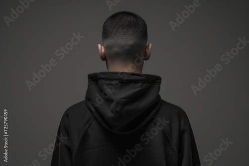 A man wearing a black hoodie is pictured facing away from the camera. This image can be used to depict anonymity, mystery, or a sense of intrigue.