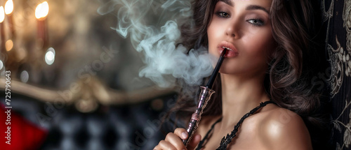 Seductive Beauty in Black Dress Smoking Shisha, Intimate Flair of a Luxurious Hookah Lounge