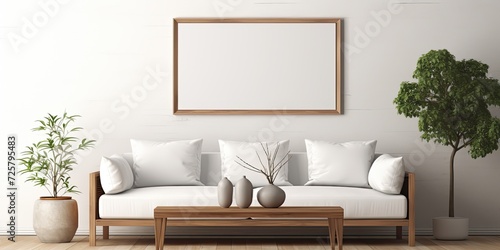 Home decor template for a stylish living room with a white sofa, wooden coffee table, silver accessories, and a mock-up poster frame.