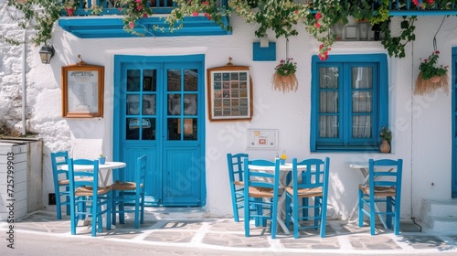 Greek culture with traditional white and blue greek architecture, taverna