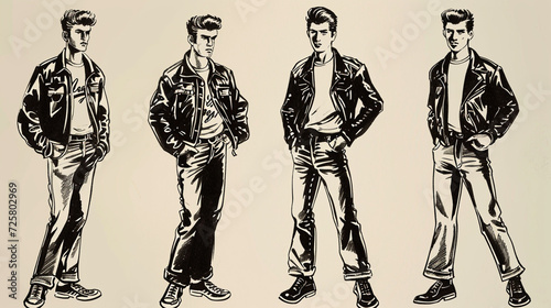 Rock 'n' Roll 1950s Greaser Look: A sketch featuring a leather jacket, rolled-up jeans, and slicked-back hair, representing the rebellious style of 1950s rock 'n' roll culture, vin