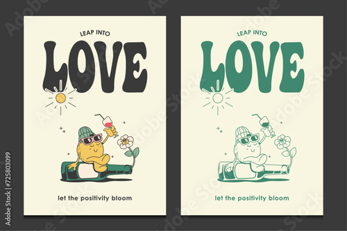 retro 30s posters with a cute cartoon character, vector illustration