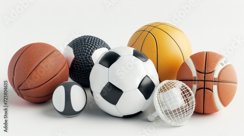 Different sport balls and equipment. Soccer, ffotball, basketball, handball rugby and volleyball balls, hockey puck and badminton shuttlecock isolated on white. 3d illustration