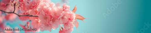 Pink cherry blossoms with soft bokeh on a blue background. Spring bloom nature concept. Design for wedding invitation, greeting card. Spring event banne with copy space.